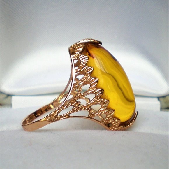 Russian USSR Original 14K 583 Rose Pink Gold Baltic Honey Amber Cocktail Ring - Picture 2 of 10